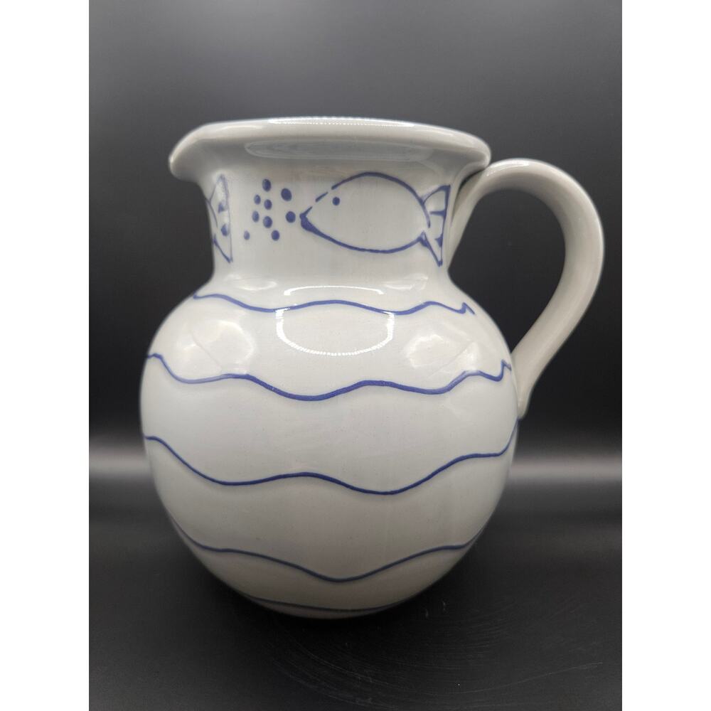 Vintage Italy Pottery Jug Pitcher Fish Nautical Blue White